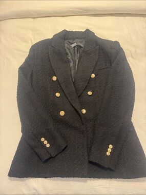 Zara Black Bouclé Double-Breasted Blazer with Gold Buttons